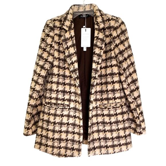 Merokeety Amazon Houndstooth Soft Knit Brown Tan Suit Jacket Blazer Size Small - Picture 1 of 5